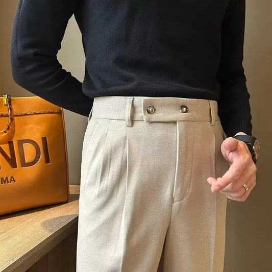 Men's Woolen Draping Cropped Straight Casual Suit Pants