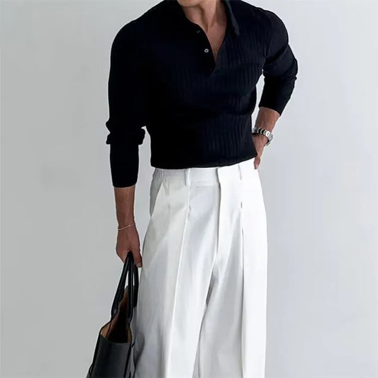 Men’s Slim Fit Knit Polo Shirt with Buttons – Long Sleeve