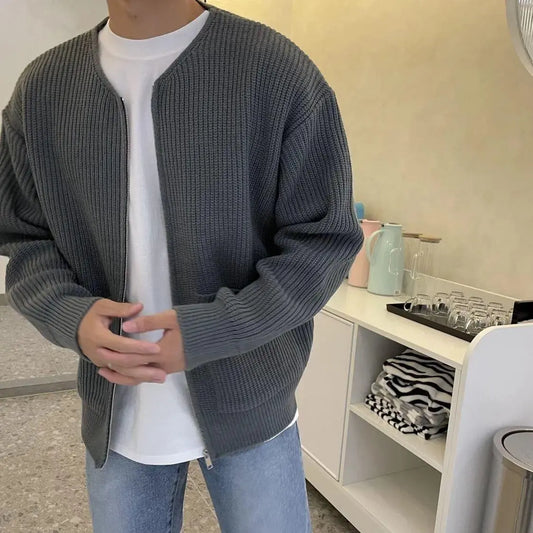 Men's Zip-Up Knitted Cardigan with Lined Funnel Neck