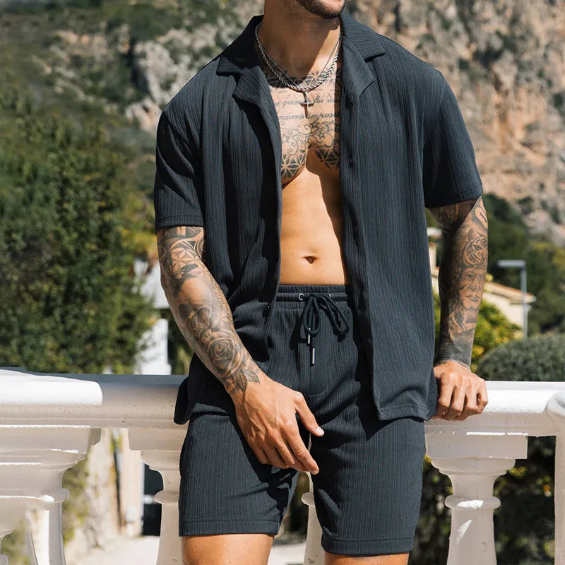 Men's Two-Piece Summer Beach Set – Short Sleeve Lapel Button Shirt & Shorts