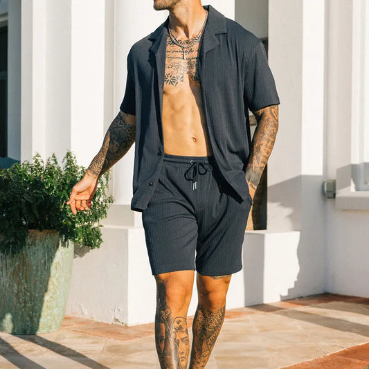 Men's Two-Piece Summer Beach Set – Short Sleeve Lapel Button Shirt & Shorts