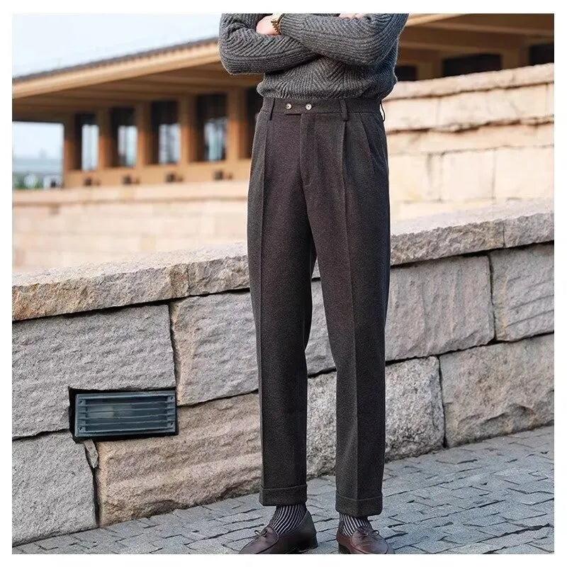 Men's Woolen Draping Cropped Straight Casual Suit Pants