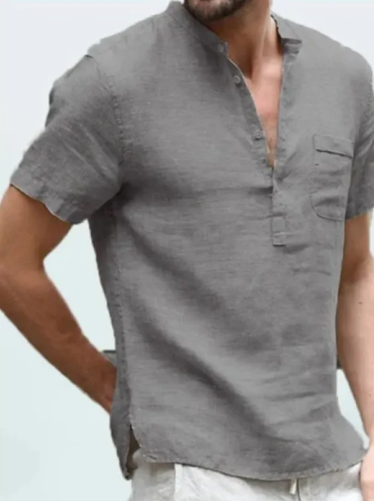 Men's Casual Linen V-Neck Short Sleeve Beach Shirt