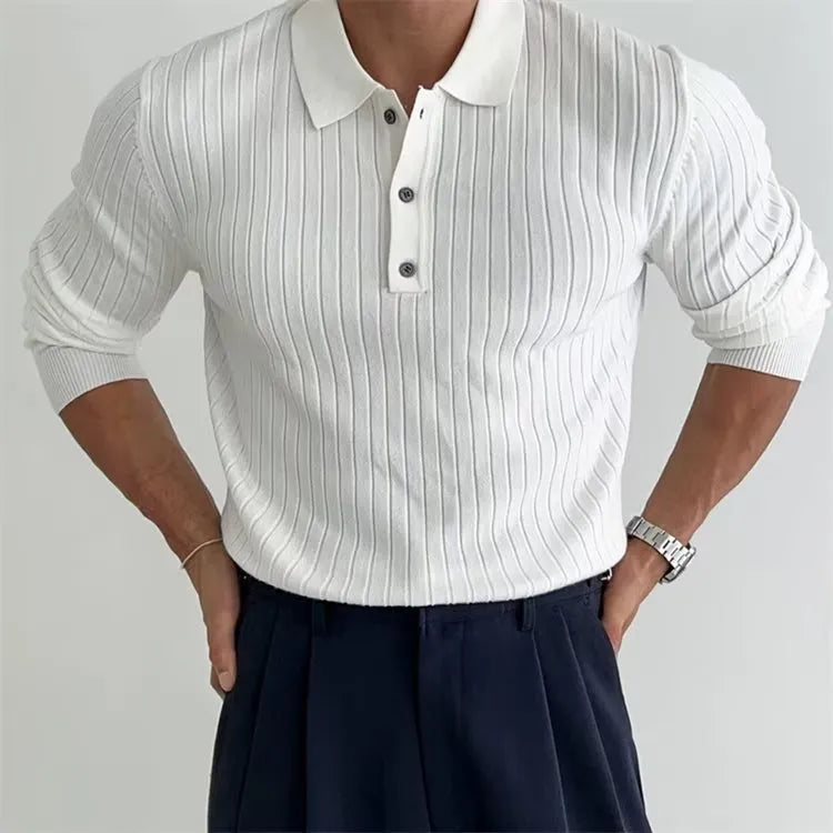 Men’s Slim Fit Knit Polo Shirt with Buttons – Long Sleeve