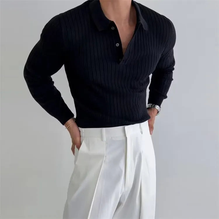 Men’s Slim Fit Knit Polo Shirt with Buttons – Long Sleeve