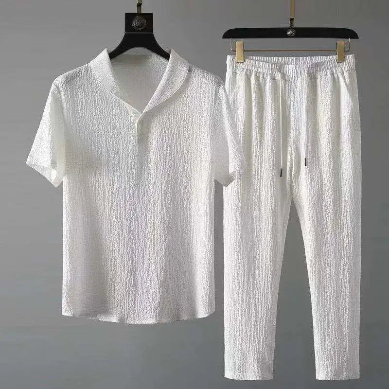Men's Summer Leisure Suit – Short Sleeve Top & Drawstring Trousers