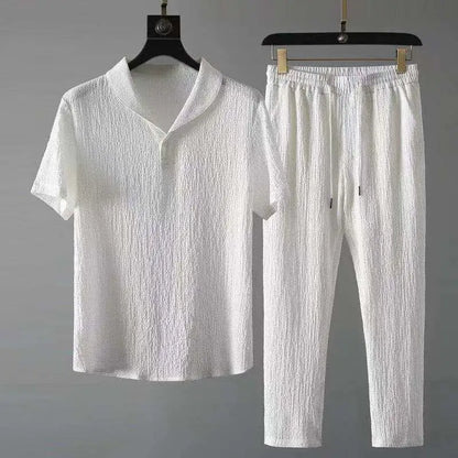Men's Summer Leisure Suit – Short Sleeve Top & Drawstring Trousers