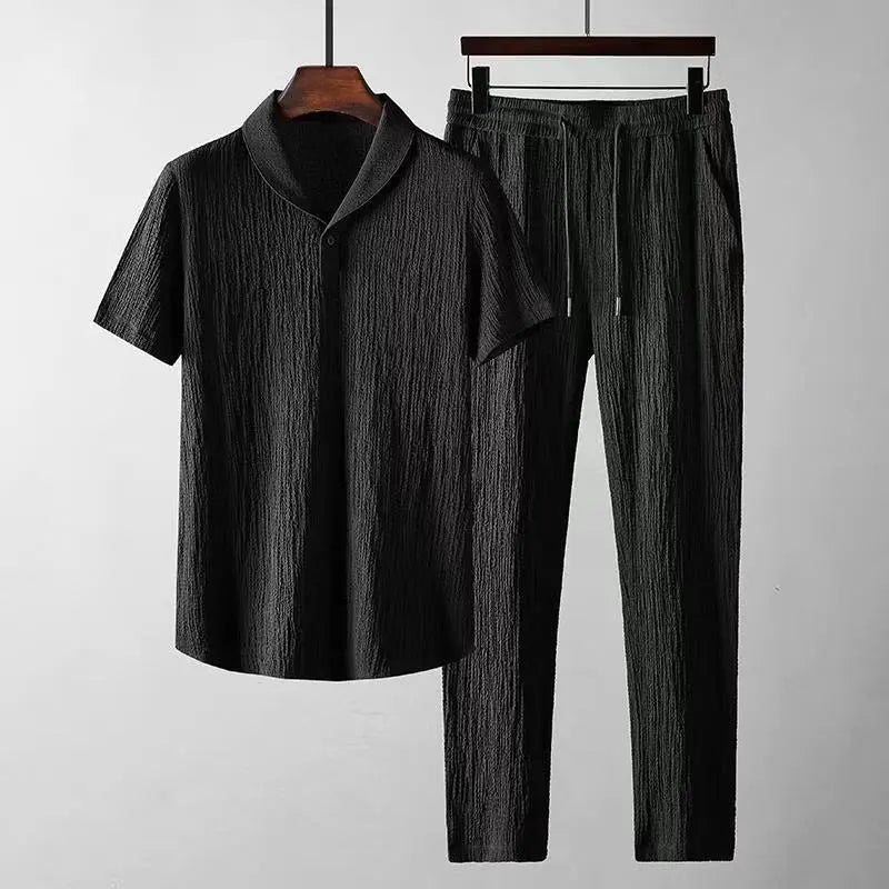 Men's Summer Leisure Suit – Short Sleeve Top & Drawstring Trousers