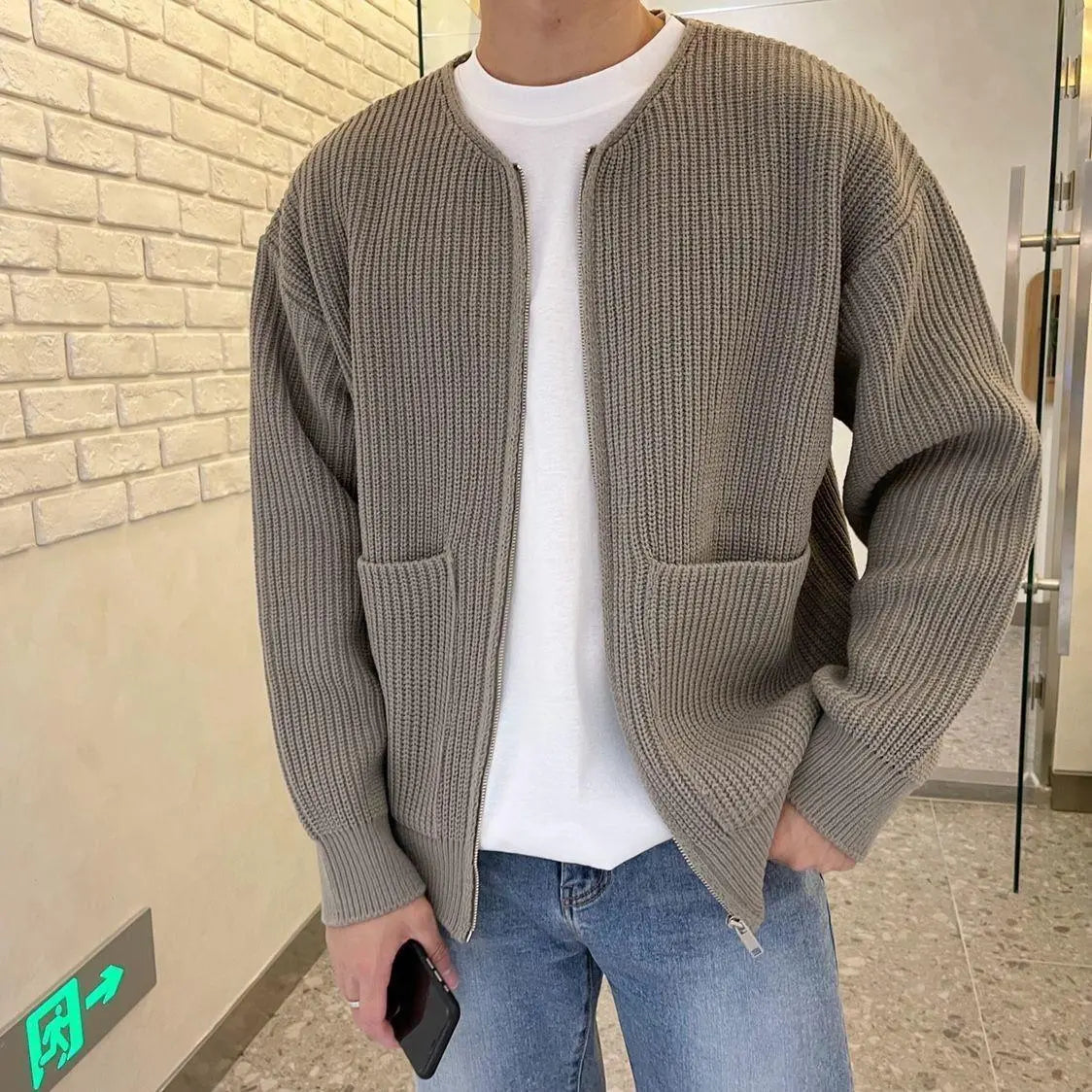 Men's Zip-Up Knitted Cardigan with Lined Funnel Neck