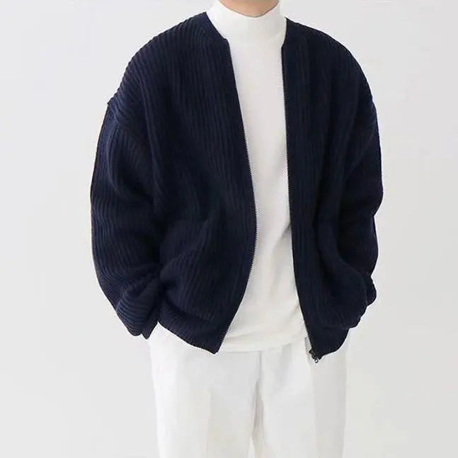 Men's Zip-Up Knitted Cardigan with Lined Funnel Neck