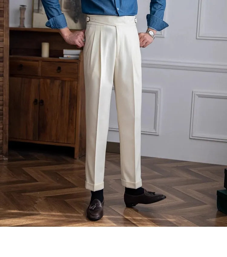 Men's High Waist Straight-Length British Casual Suit Pants