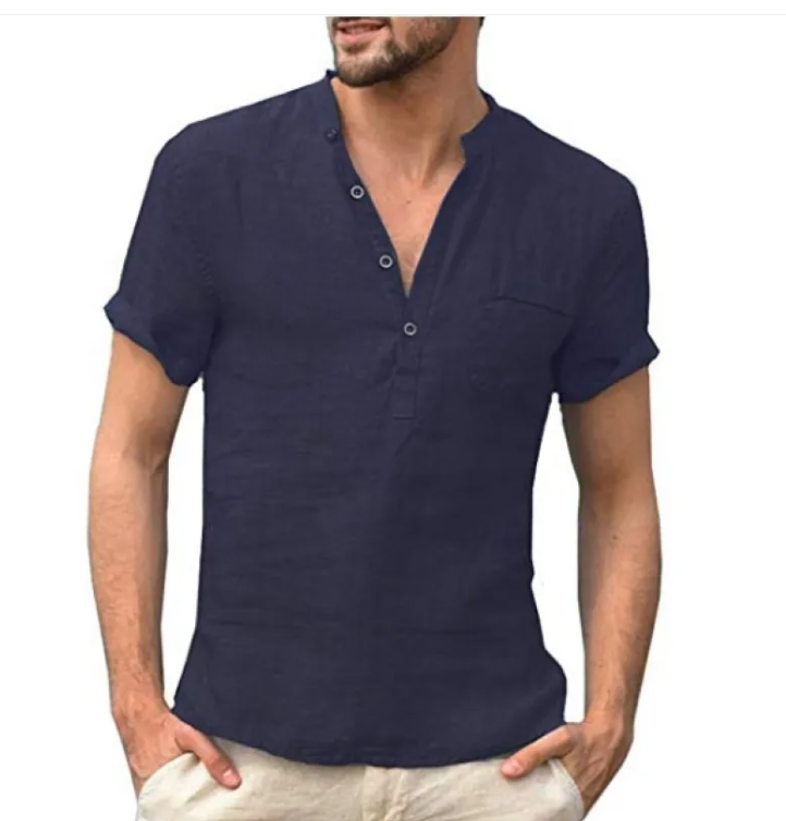 Men's Casual Linen V-Neck Short Sleeve Beach Shirt