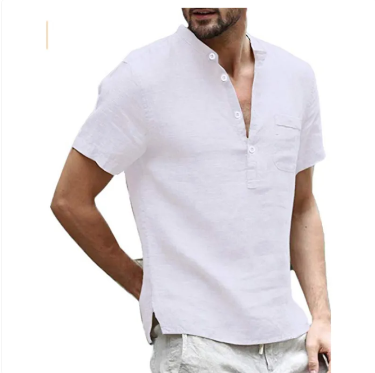 Men's Casual Linen V-Neck Short Sleeve Beach Shirt