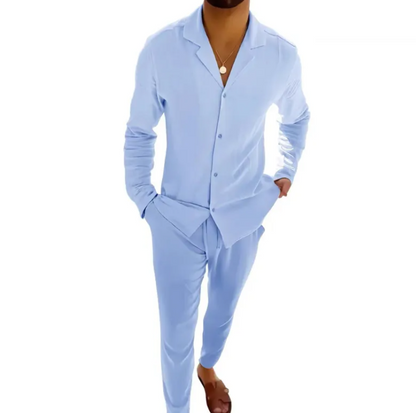 Men's Casual Long-Sleeved Suit – Lapel Single-Breasted Shirt & Slim Fit Trousers