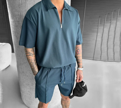 Men's Summer Zipper Polo Set – Short Sleeve Polo Shirt & Drawstring Shorts