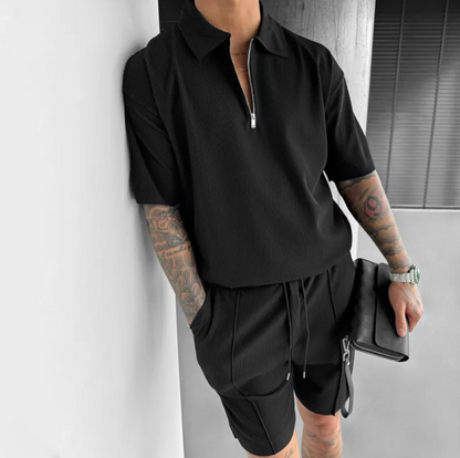 Men's Summer Zipper Polo Set – Short Sleeve Polo Shirt & Drawstring Shorts
