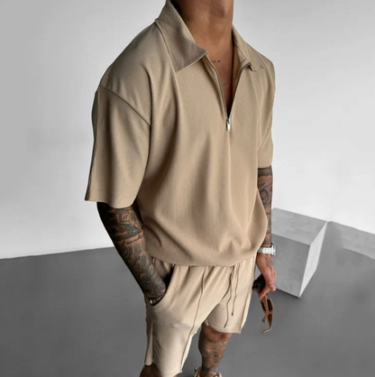 Men's Summer Zipper Polo Set – Short Sleeve Polo Shirt & Drawstring Shorts