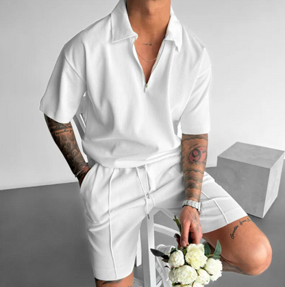 Men's Summer Zipper Polo Set – Short Sleeve Polo Shirt & Drawstring Shorts