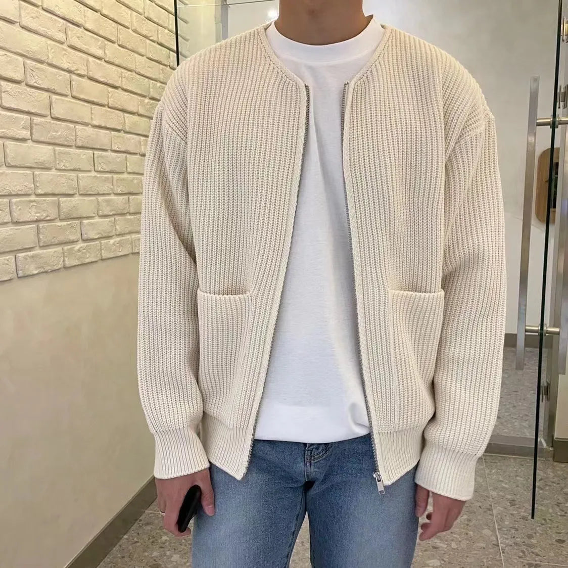 Men's Zip-Up Knitted Cardigan with Lined Funnel Neck