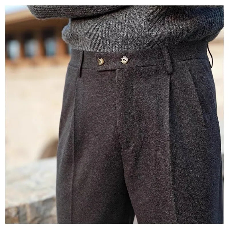 Men's Woolen Draping Cropped Straight Casual Suit Pants