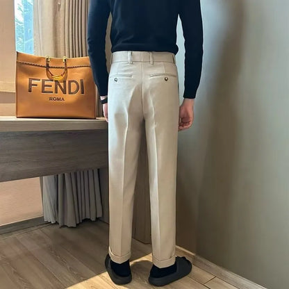 Men's Woolen Draping Cropped Straight Casual Suit Pants