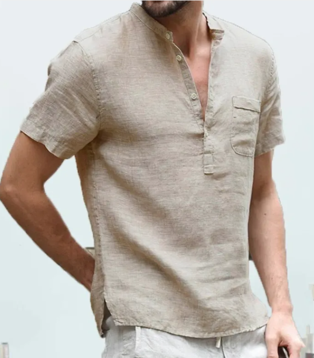 Men's Casual Linen V-Neck Short Sleeve Beach Shirt