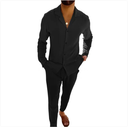 Men's Casual Long-Sleeved Suit – Lapel Single-Breasted Shirt & Slim Fit Trousers