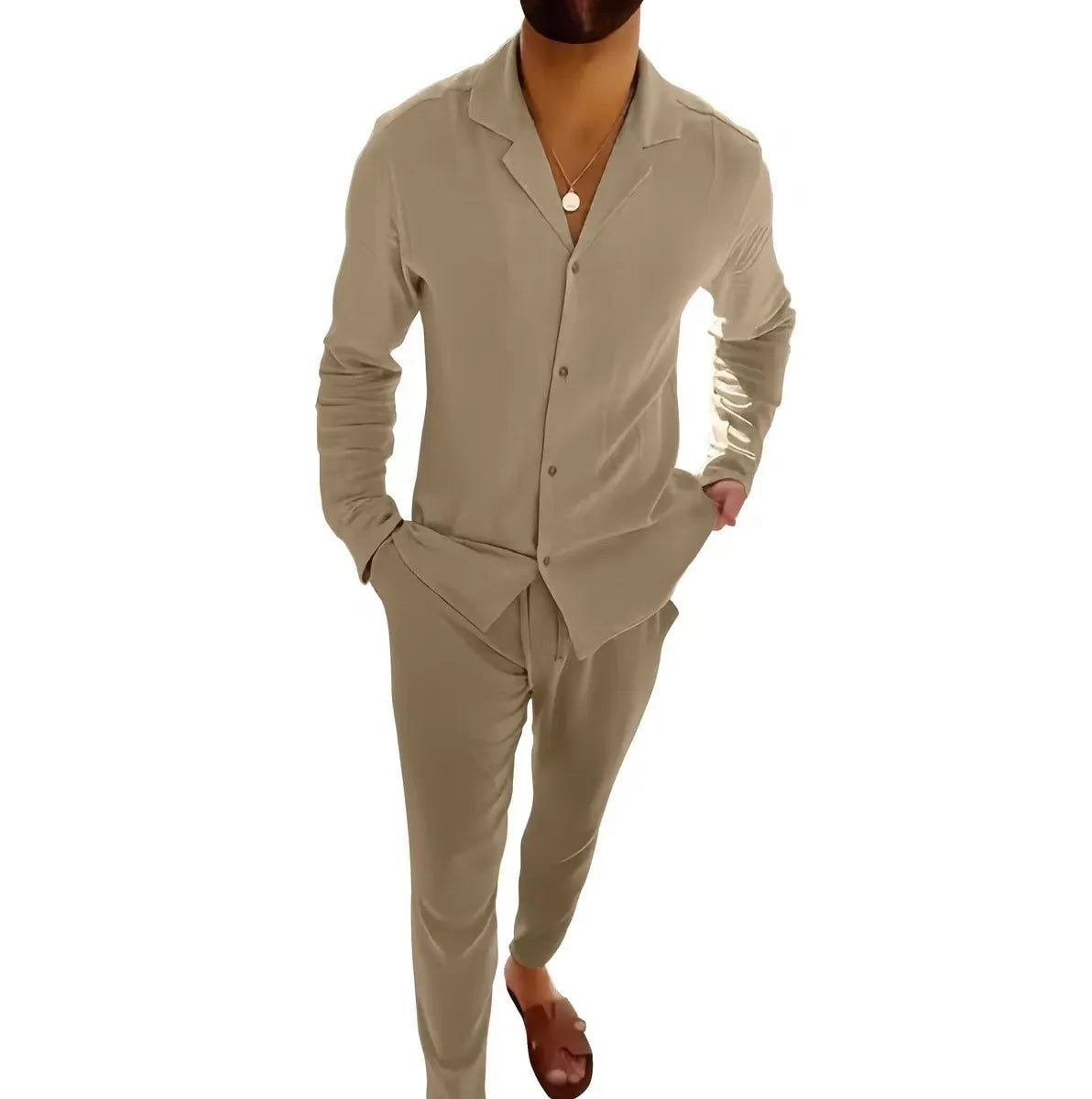 Men's Casual Long-Sleeved Suit – Lapel Single-Breasted Shirt & Slim Fit Trousers