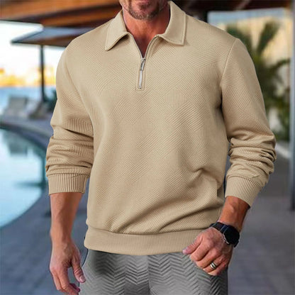 Men's Jacquard Lapel Half-Zip Sweatshirt – Solid Colour Long-Sleeved Top