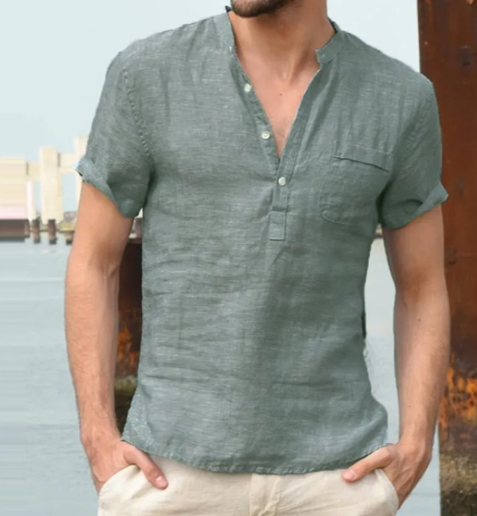 Men's Casual Linen V-Neck Short Sleeve Beach Shirt