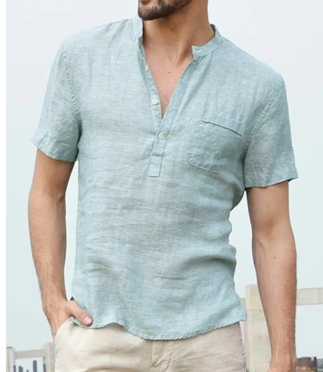 Men's Casual Linen V-Neck Short Sleeve Beach Shirt