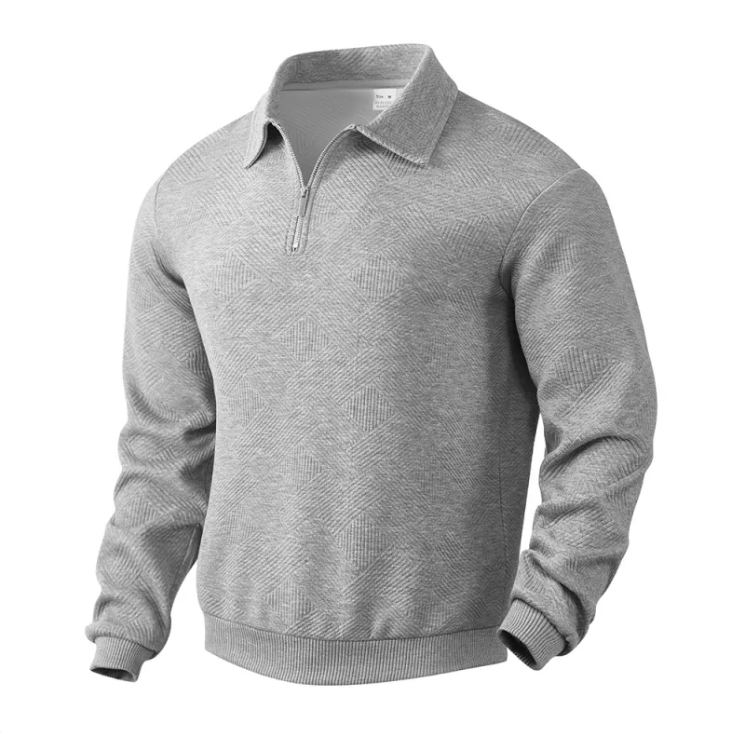 Men's Jacquard Lapel Half-Zip Sweatshirt – Solid Colour Long-Sleeved Top