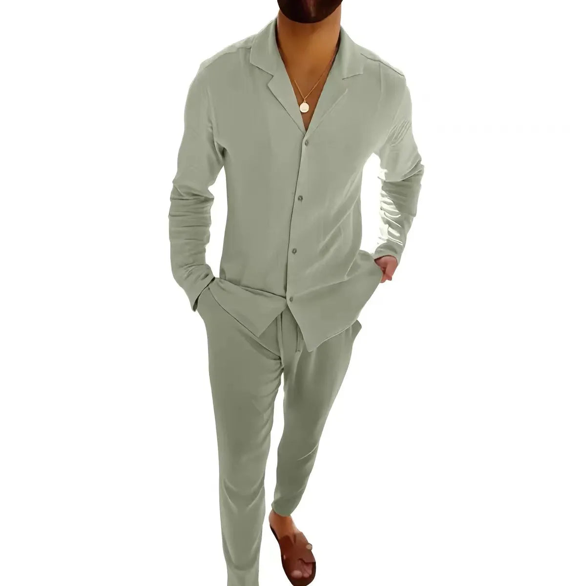 Men's Casual Long-Sleeved Suit – Lapel Single-Breasted Shirt & Slim Fit Trousers