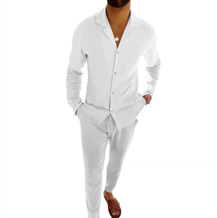 Men's Casual Long-Sleeved Suit – Lapel Single-Breasted Shirt & Slim Fit Trousers